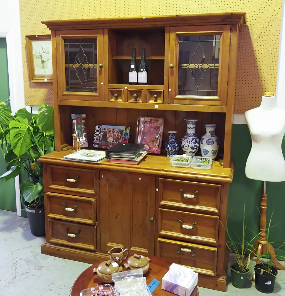 solid pine wall unit with 9 drawers, 2 leadlight doors cast metal and ceramic handles Image 1++