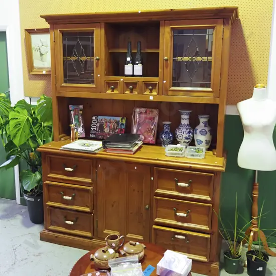 solid pine wall unit with 9 drawers, 2 leadlight doors cast metal and ceramic handles