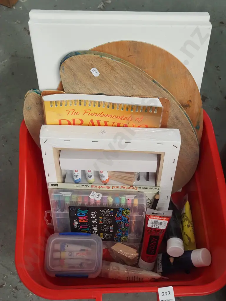 box of artists supplies, palettes, canvases, books etc Image 1++