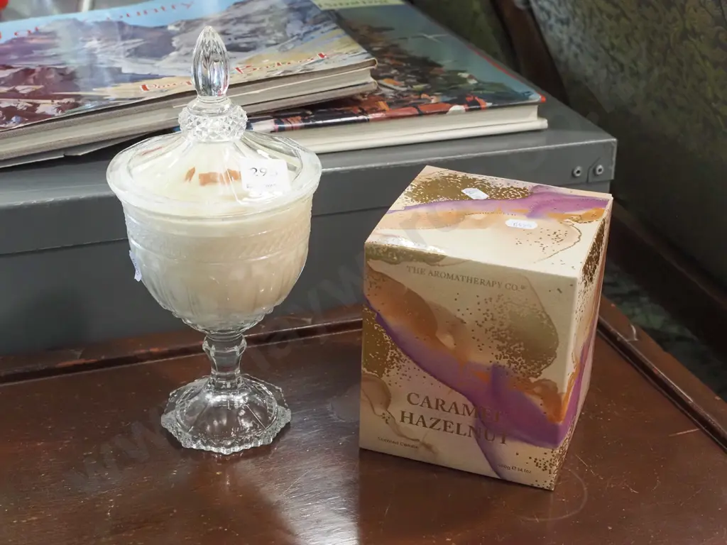 scented candle in glass footed lidded goblet, boxed aromatherapy candle Image 1++