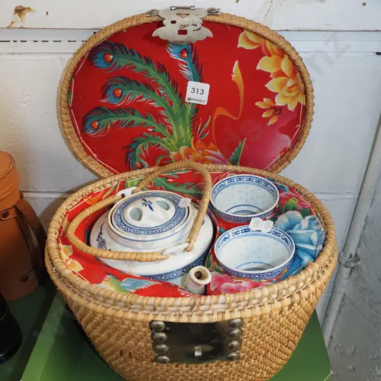 Asian tea service in insulated cane carry case