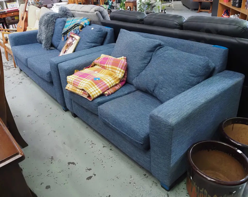 blue upholstered 2 piece lounge suite - 3 seater and 2 seater Image 1++