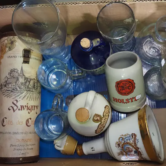 box; glassware, beer steins, decanter etc