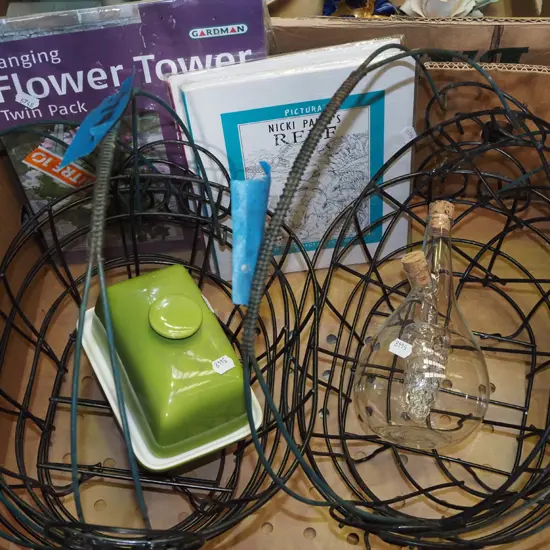 box; metal planter baskets, cheese cover dish, picture books etc