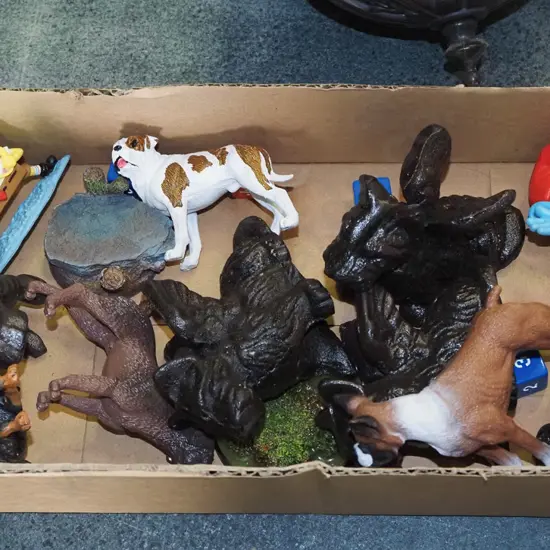 box; dog figurines, smurfs etc