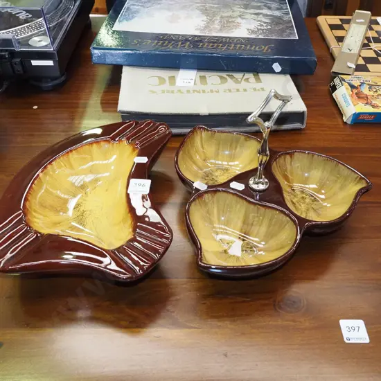 large Blue Mountain pottery ashtray and segmented handled serving dish