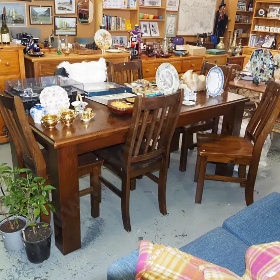 solid pine dark stained dining table with 6 matching chairs H790 W1790 D900