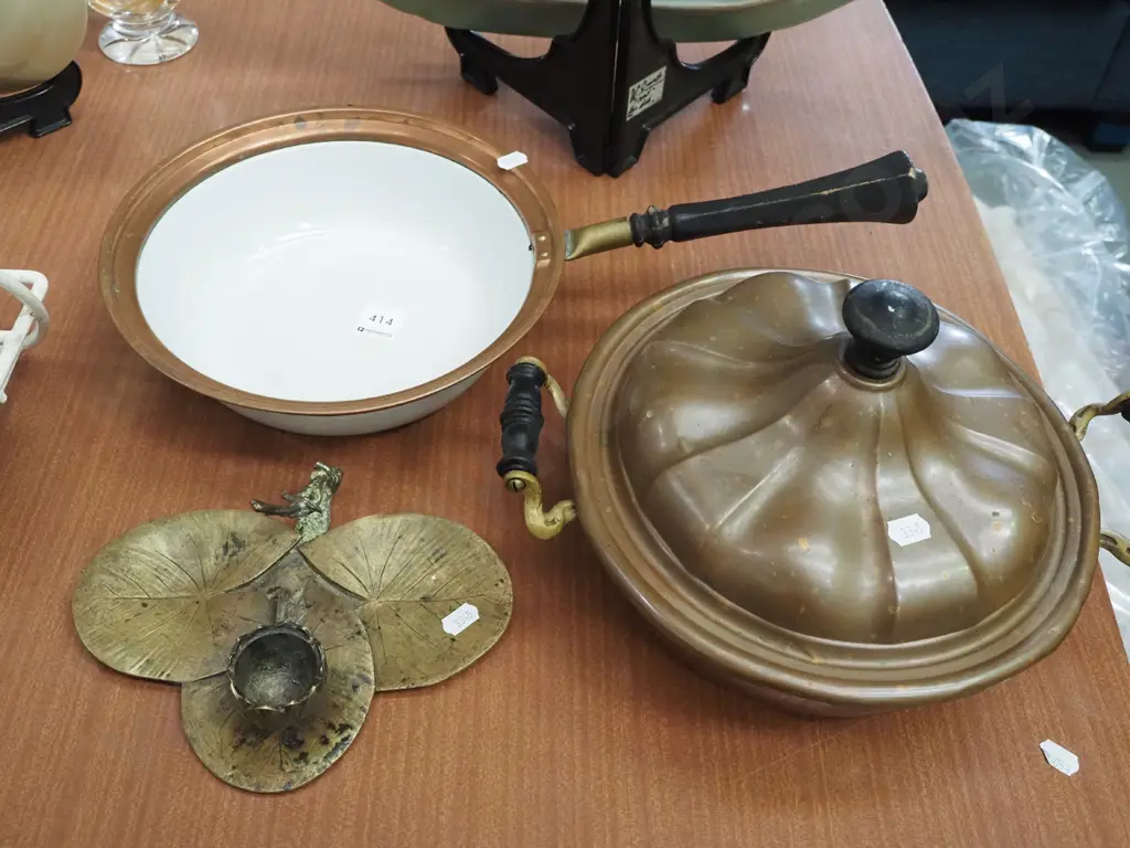 copper lidded pot, frying pan, lily pad themed candlestick Image 1++