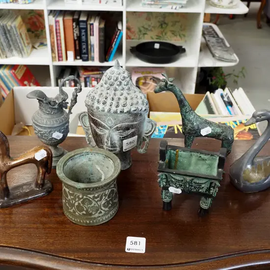 assorted brass and copper items, figurines etc