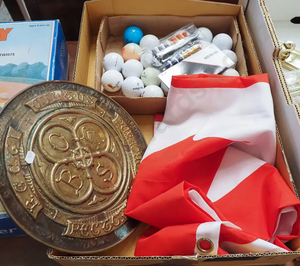 box; pressed metal Otago Boys High School wall plaque, golf balls, tees etc. Image 1++