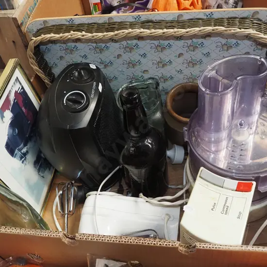 box; kitchen whiz, tray, small heater etc