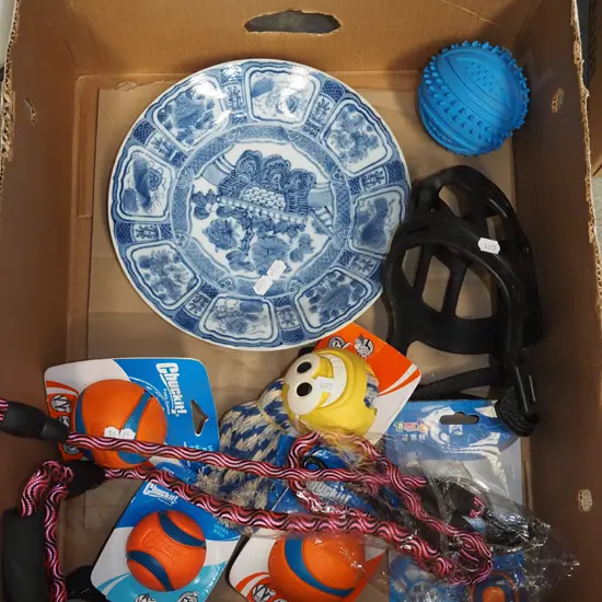box; rubber balls, blue and white plate, dog lead