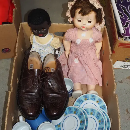 box; dolls, mens shoes etc
