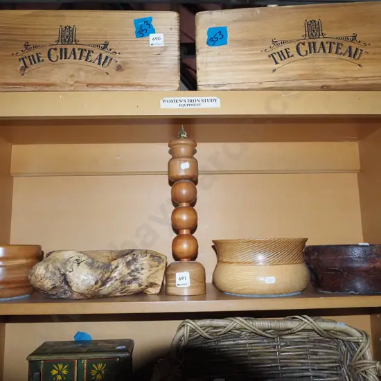 shelf of turned wooden bowls, candlestick etc H340