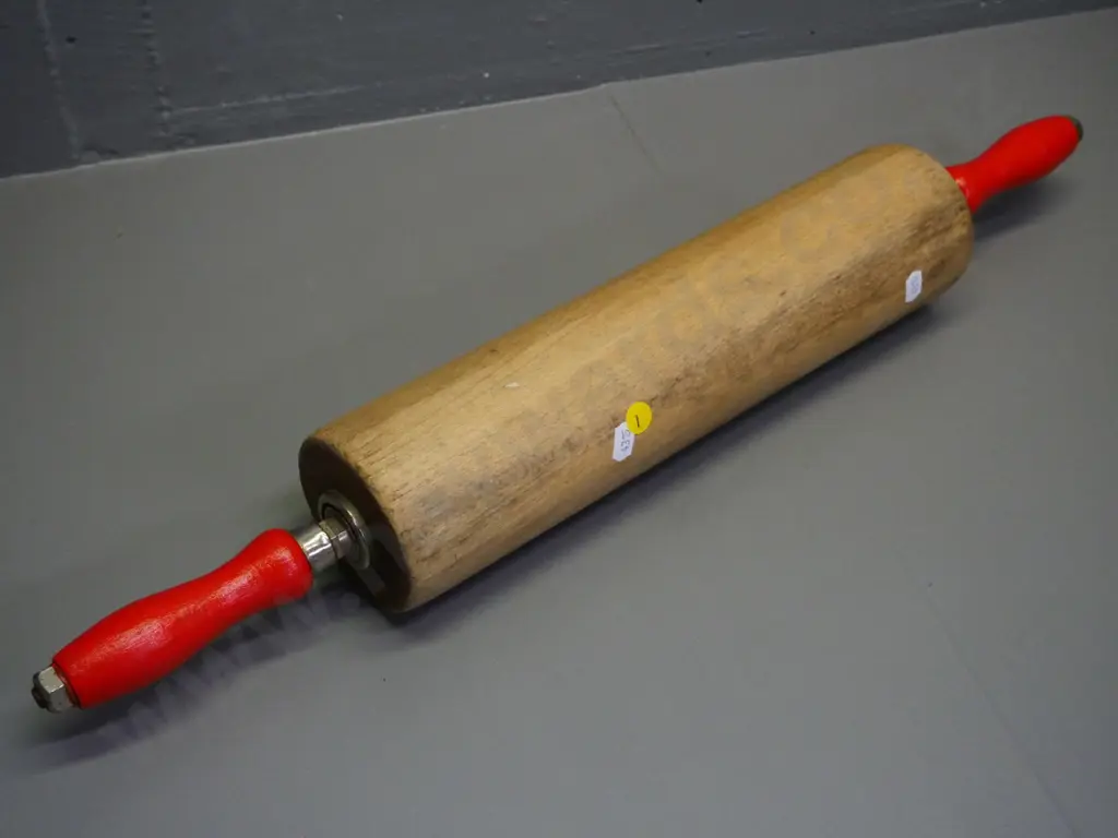 vintage large wooden rolling pin with red-painted handles L-620 Image 1++