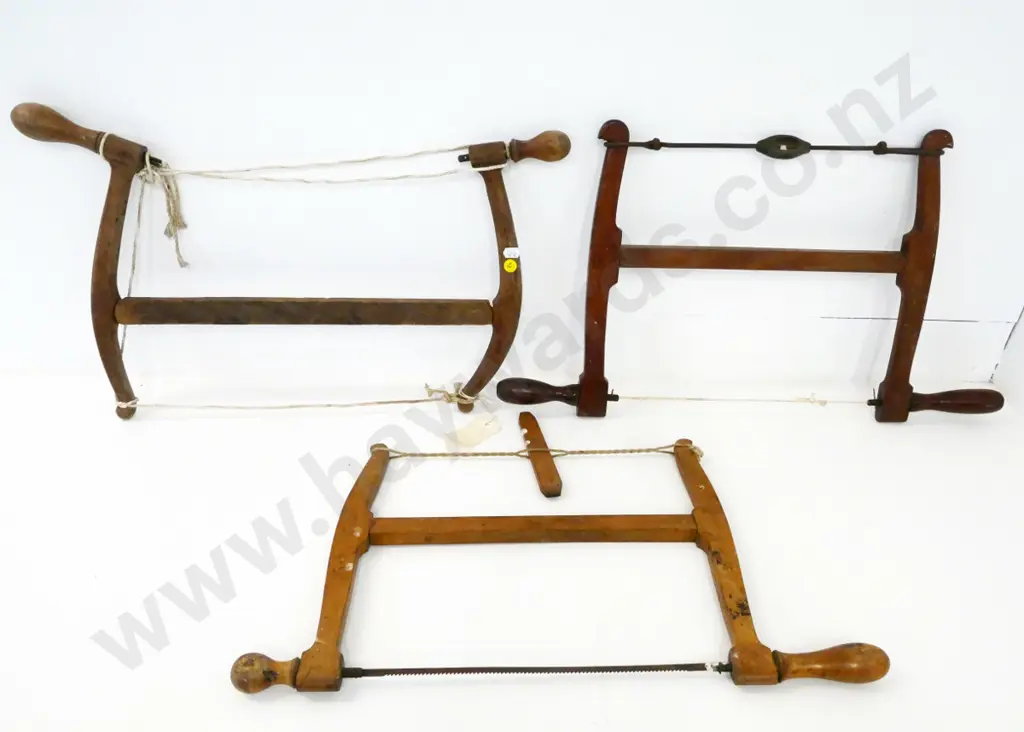 3 vintage wooden bow saws, one with blade, some corrosion and wear - each approx H-340 W-500 Image 1++