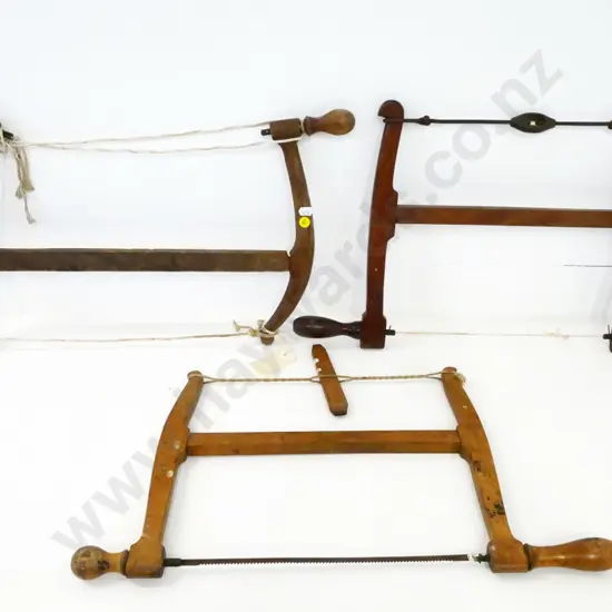 3 vintage wooden bow saws, one with blade, some corrosion and wear - each approx H-340 W-500