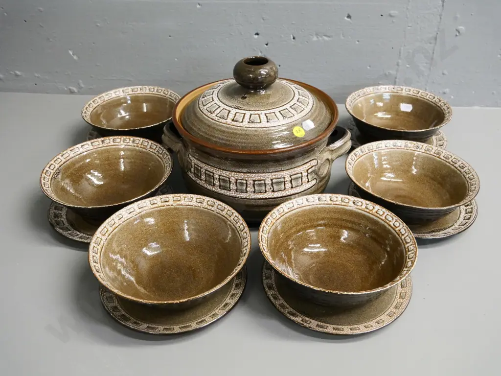 pottery casserole and 6 bowls with saucers - marked SM Image 1++