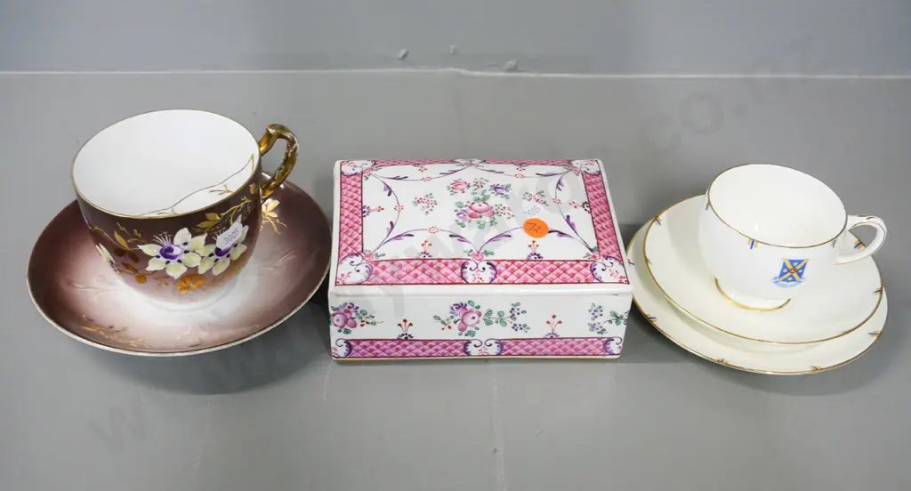 vintage moustache cup & saucer, porcelain lidded jewellery box, Paragon trio with latin monogram Image 1++