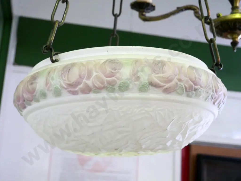 deco hanging ceiling lamp with hand painted rose pattern on frosted glass and copper chains and journal H-360 W-100 Image 1++