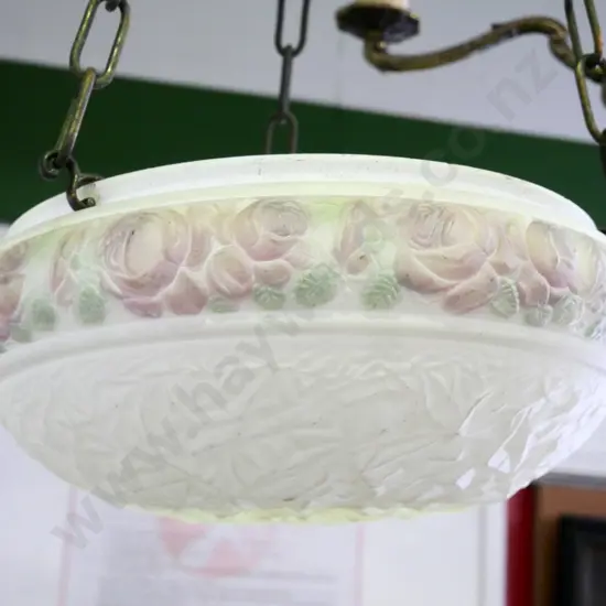 deco hanging ceiling lamp with hand painted rose pattern on frosted glass and copper chains and journal H-360 W-100