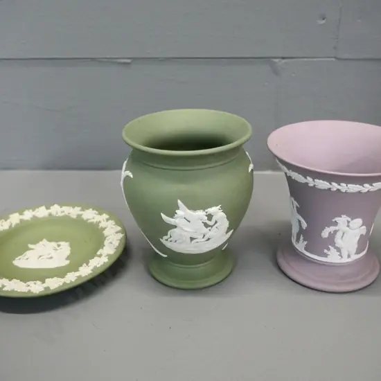 3 pieces of Wedgwood Jasperware - 2 green, one lavender, tallest vase is H-100