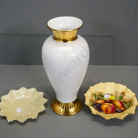 Aynsley Orchard Gold dish, Belleek dish and a Crown Devon vase H-230