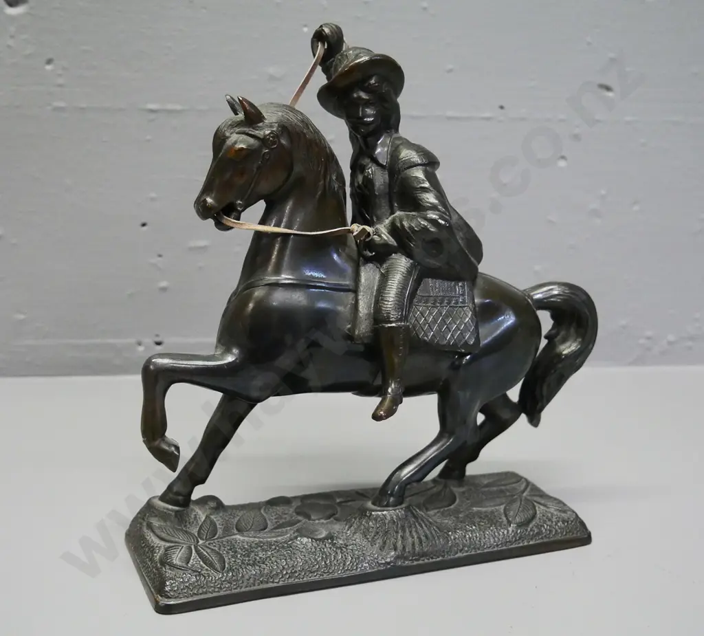 cast metal horse and rider figure - leather rein needs re-attaching H-220 Image 1++