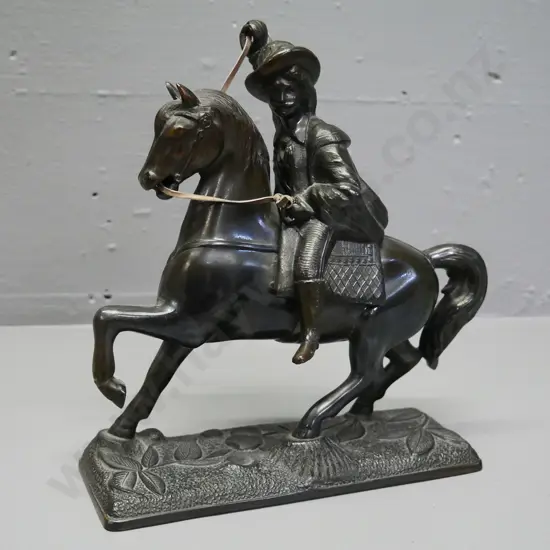 cast metal horse and rider figure - leather rein needs re-attaching H-220