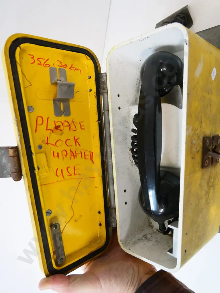 heavy metal-cased 1980's railway track phone with spring loaded door, chain and padlock (no key) H-340 W-120 D-250 Image 1++