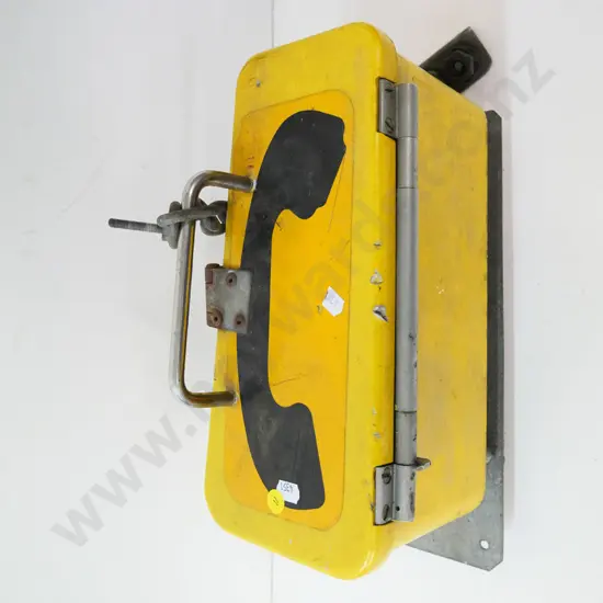 heavy metal-cased 1980's railway track phone with spring loaded door, chain and padlock (no key) H-340 W-120 D-250