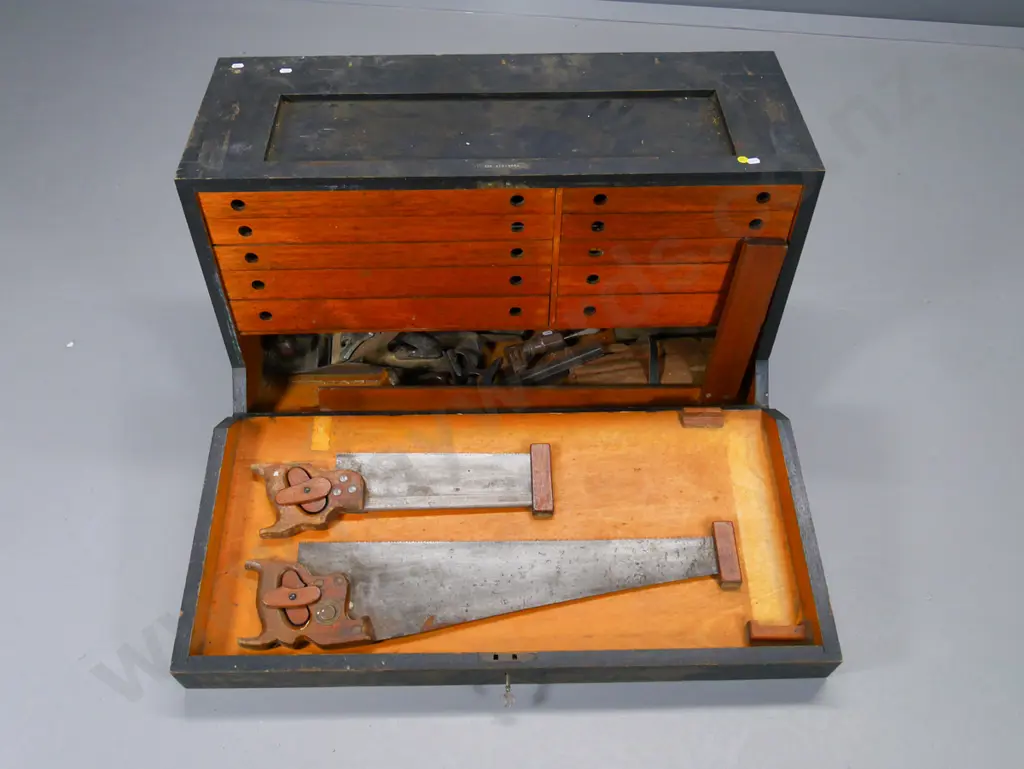 vintage foundry pattern maker's tool chest with interior drawers, hinged drop front, some tools H-480 W-870 D-400 Image 1++