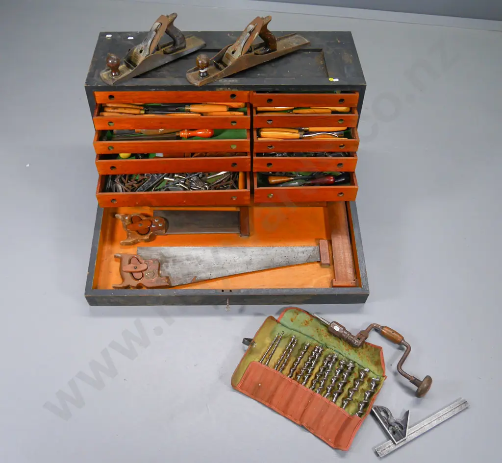 vintage foundry pattern maker's tool chest with interior drawers, hinged drop front, some tools H-480 W-870 D-400 Image 1++