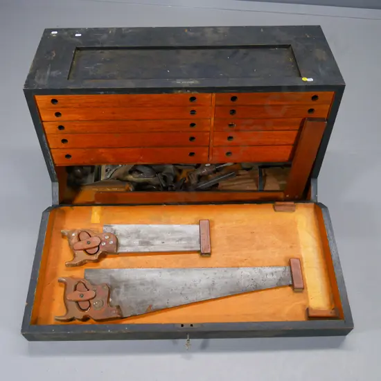 vintage foundry pattern maker's tool chest with interior drawers, hinged drop front, some tools H-480 W-870 D-400