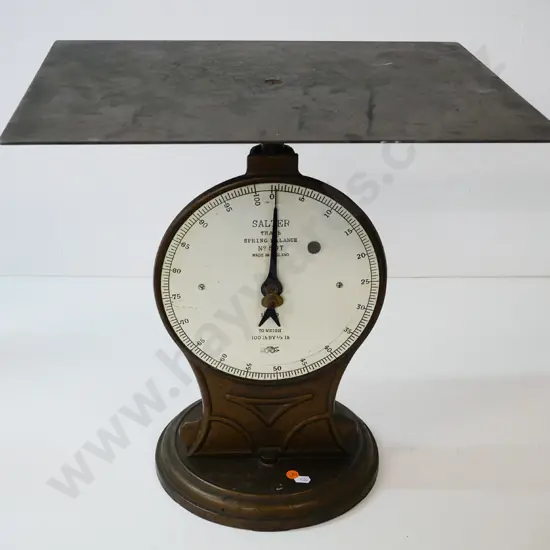 vintage cast metal Salter Trade heavy duty 100lb scales with flat tray top H-450 W-450 D-355