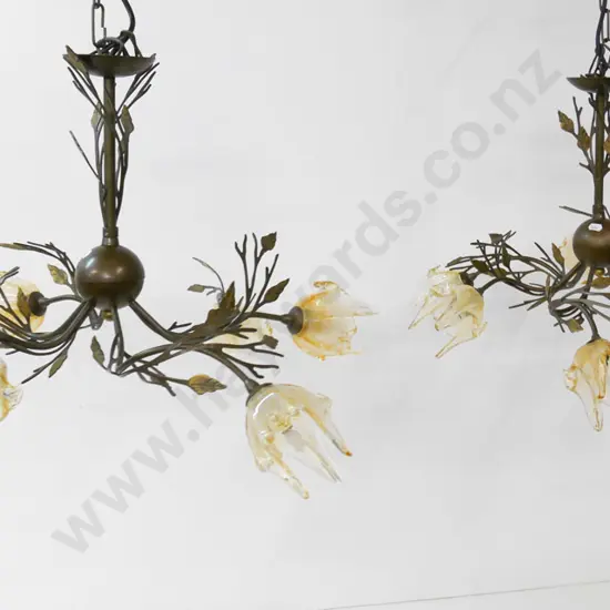 pair of wrought metal centre light fittings with 6 glass shades, H-430, Diam-480