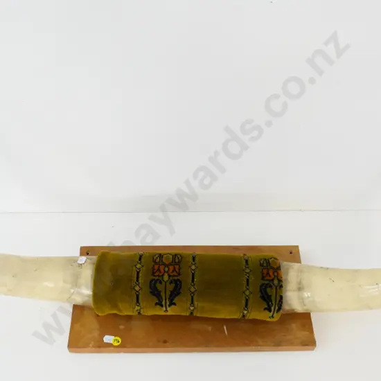 2 large cattle horns on wood and fabric backing - some water marks to wood W-790