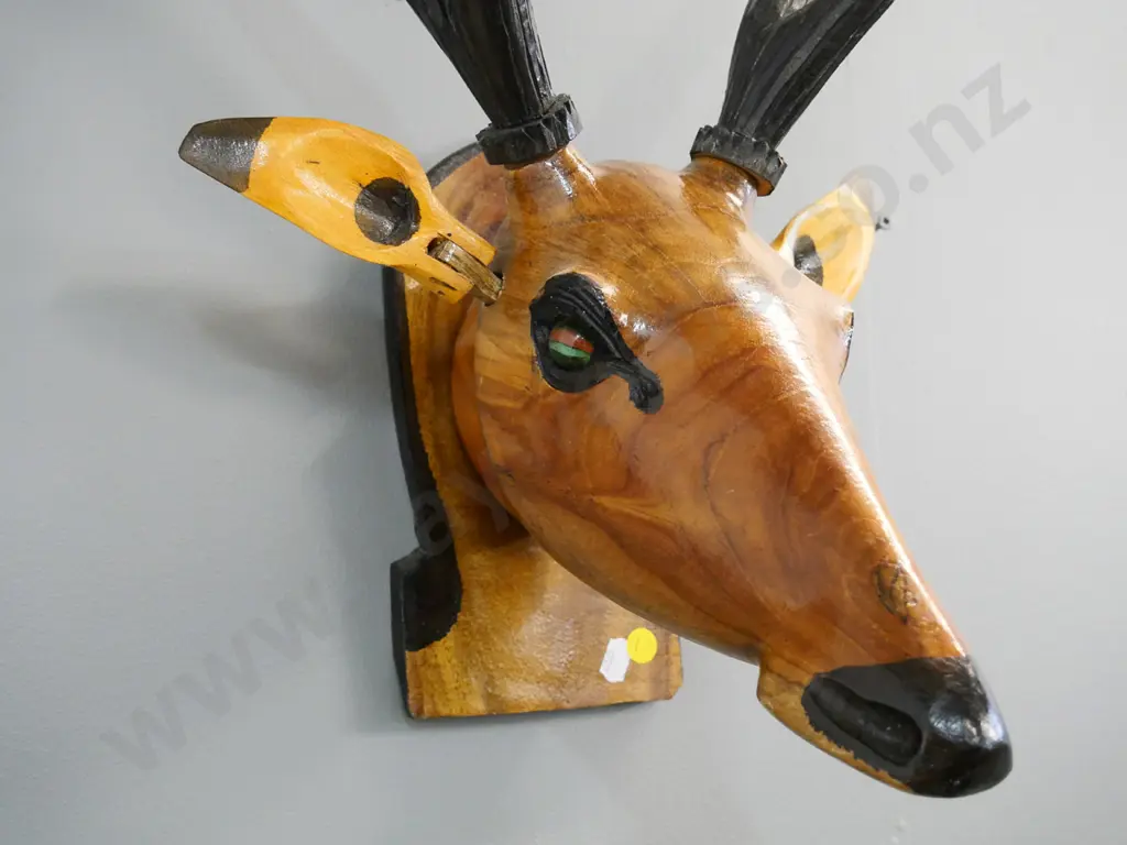 carved and painted timber wall-mount stag's head with green glass marble eyes H-H-480 W-360 Image 1++