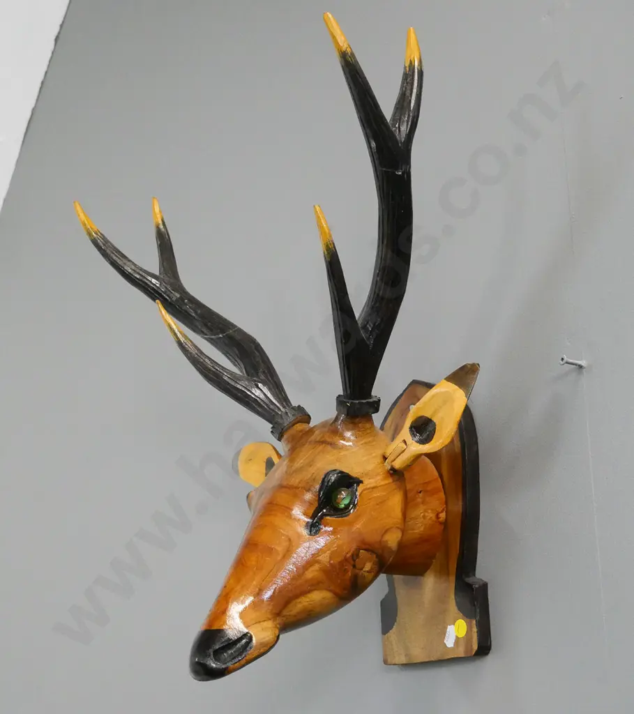 carved and painted timber wall-mount stag's head with green glass marble eyes H-H-480 W-360 Image 1++