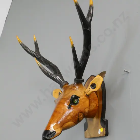 carved and painted timber wall-mount stag's head with green glass marble eyes H-H-480 W-360