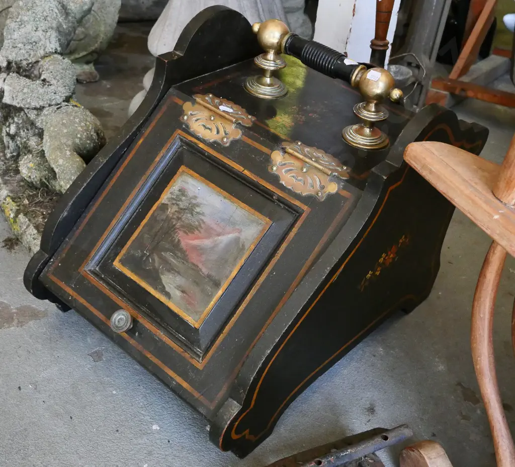 vintage ornate wood and brass coal scuttle with painted panel, metal liner & shovel H-400 W-350 D-510 Image 1++