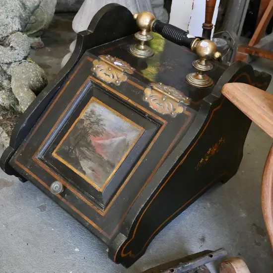 vintage ornate wood and brass coal scuttle with painted panel, metal liner & shovel H-400 W-350 D-510