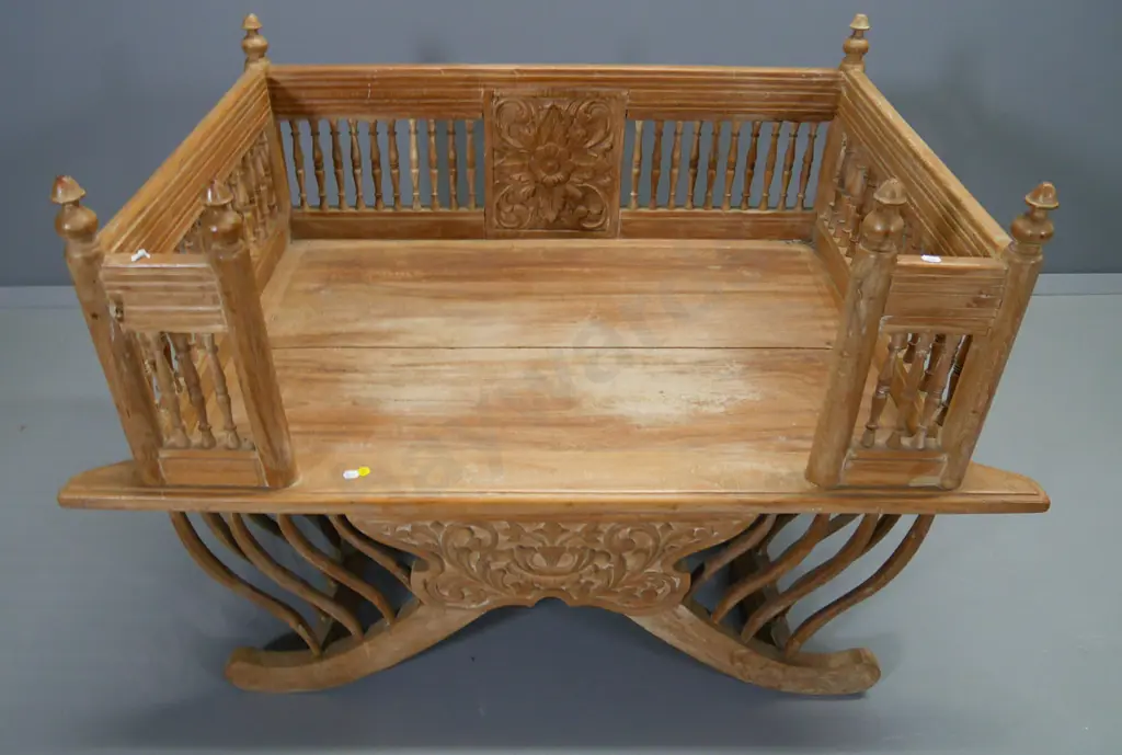 Moroccan hardwood love seat with ornately carved & spindle sides and base - split on seat H-750 W-1120 D-680 Image 1++