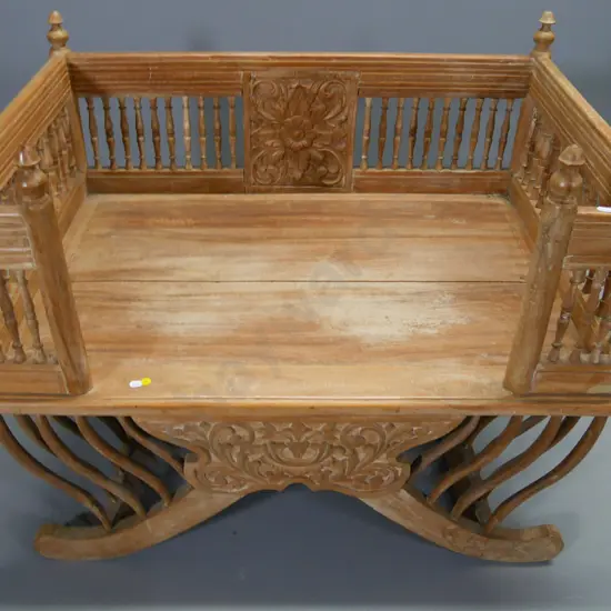 Moroccan hardwood love seat with ornately carved & spindle sides and base - split on seat H-750 W-1120 D-680