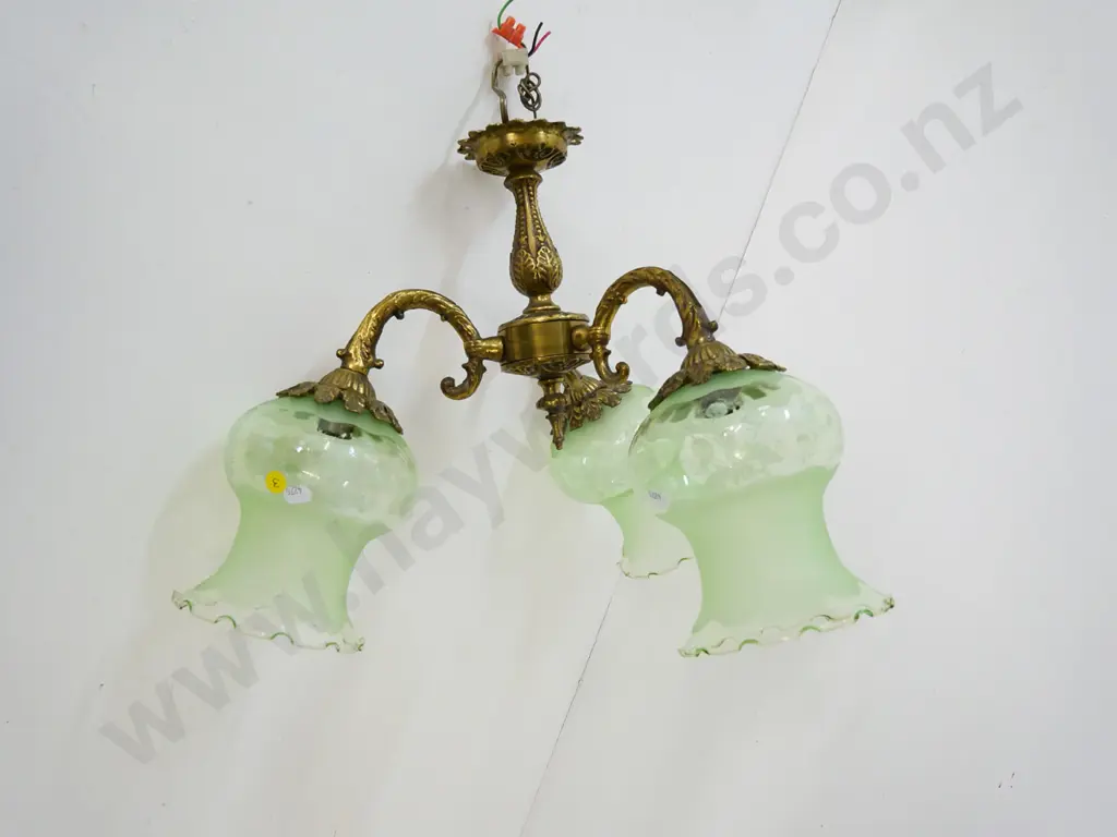 3-light cast brass ceiling light fitting with etched green glass shades H-400 Image 1++