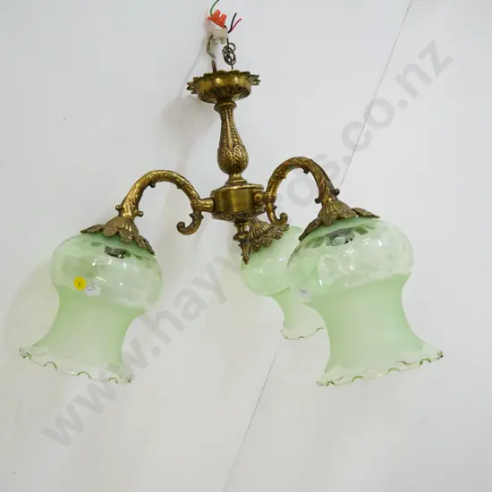 3-light cast brass ceiling light fitting with etched green glass shades H-400