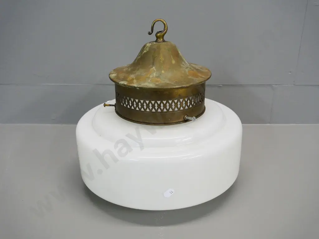 deco ceiling light fitting with pierced brass journal (w/ verdigris) and milk glass shade H-300 Diameter 300 Image 1++