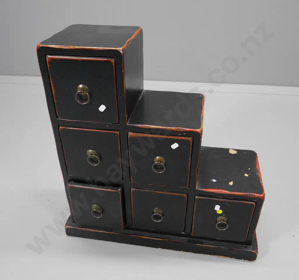 reproduction Chinese traditional style stepped cabinet with 6 drawers - some wear to lacquer H-570 W-560 D-240 Image 1++