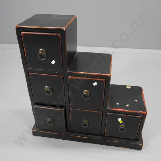 reproduction Chinese traditional style stepped cabinet with 6 drawers - some wear to lacquer H-570 W-560 D-240