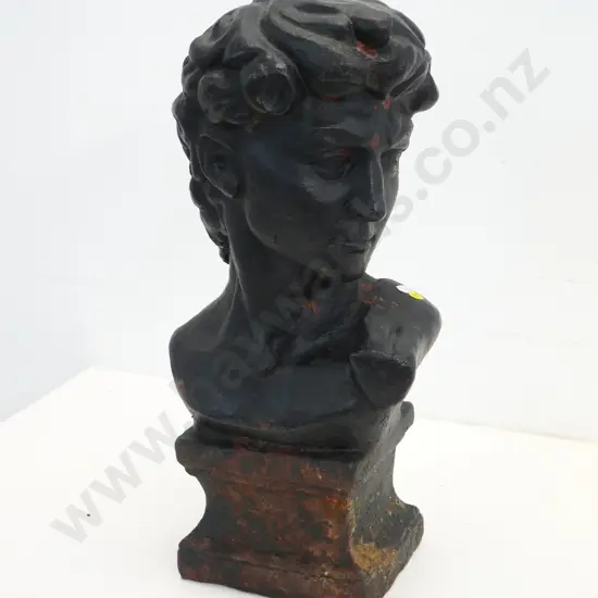 cast iron bust - head of Michelangelo's David - rust and wear to black finish. H-490